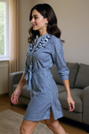 Blue Striped Shirt Dress with Floral Embroidery & Waist Tie