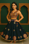 Black Embroidered Lehenga with Mirror Work & Printed Blouse