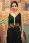 Designer Black Blouse with Mirror Work & Multicolor Tassel Fringe – Perfect for Navratri & Party Wear