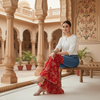 Red Bandhani Flared Denim Pants