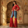 Red Bandhani Print Co-Ord Set with Flared Denim Pants