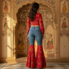 Red Bandhani Print Co-Ord Set with Flared Denim Pants