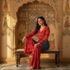 Red Bandhani Print Co-Ord Set with Flared Denim Pants