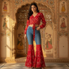 Red Bandhani Print Co-Ord Set with Flared Denim Pants