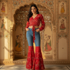 Red Bandhani Print Co-Ord Set with Flared Denim Pants