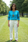 Teal Blue Embroidered Tassel Tie-Up Top