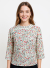 Elegant Blush Floral Cotton Top with 3/4 Sleeves - Soft & Stylish Everyday Wear