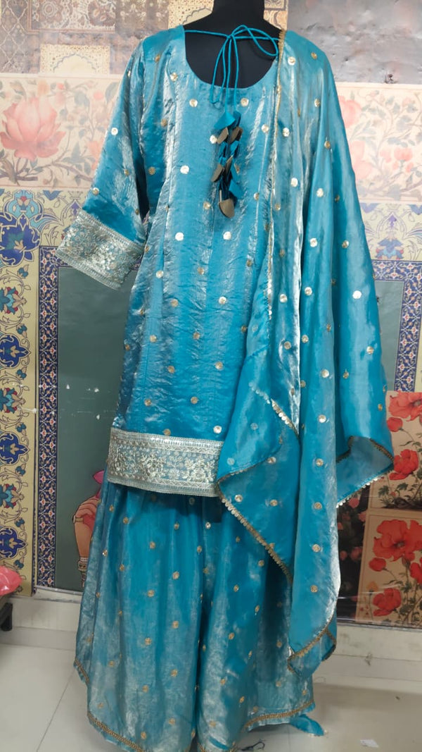 Sky Blue Zari Dot Kurta Palazzo Set with Dupatta