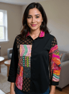 Boho Patchwork Magic Shirt – Multicolor Art on Black - Rajni Collection
