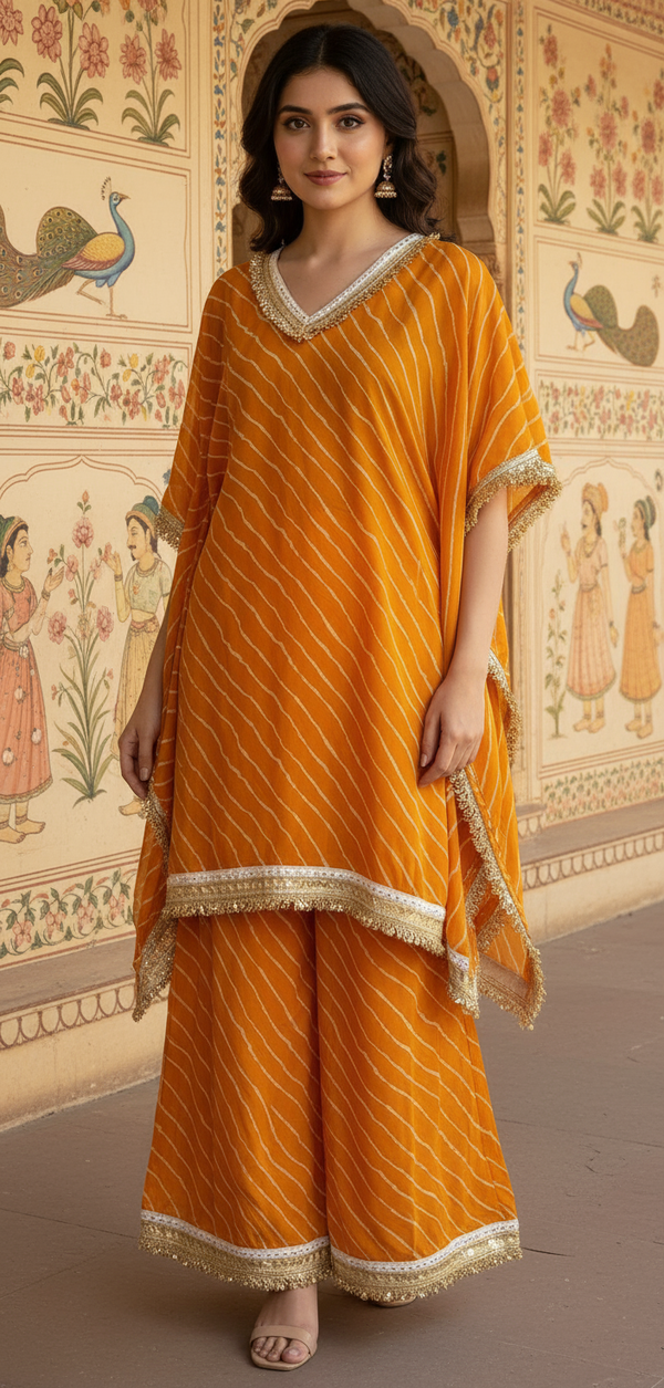 Orange Bandhej Co-ord Set with Sequin