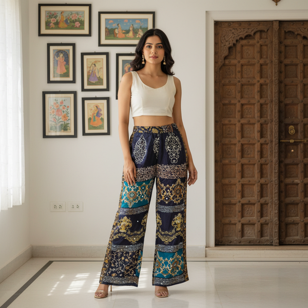 Black Dazzle Patchwork Boho Pants for Women – Comfortable, Stylish & Trendy Wide-Leg Fit