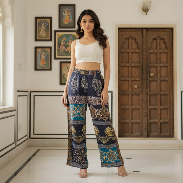 Black Dazzle Patchwork Boho Pants for Women – Comfortable, Stylish & Trendy Wide-Leg Fit
