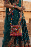 Blue Ethnic Handbag with Colorful Pom-Poms & Mirror Embroidery