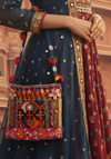 Blue Ethnic Handbag with Colorful Pom-Poms & Mirror Embroidery