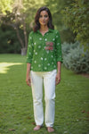 Green Bandhani Shirt with Embellished Boho Pocket