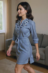 Blue Striped Shirt Dress with Floral Embroidery & Waist Tie