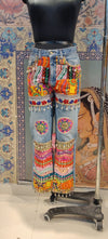 Multicolor Bohemian Embroidered Denim Pants with Mirror & Patchwork Detailing