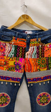Multicolor Bohemian Embroidered Denim Pants with Mirror & Patchwork Detailing