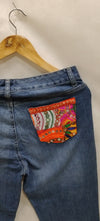 Multicolor Bohemian Embroidered Denim Pants with Mirror & Patchwork Detailing