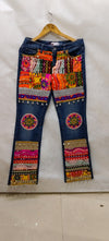 Multicolor Bohemian Embroidered Denim Pants with Mirror & Patchwork Detailing