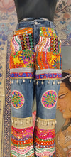 Multicolor Bohemian Embroidered Denim Pants with Mirror & Patchwork Detailing
