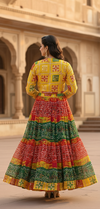 Yellow Phulkari Shrug with Multicolor Skirt