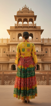 Yellow Phulkari Shrug with Multicolor Skirt