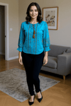 Teal Blue Embroidered Tassel Tie - Up Top - Rajni Collection