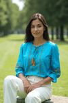 Teal Blue Embroidered Tassel Tie - Up Top - Rajni Collection