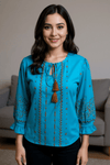 Teal Blue Embroidered Tassel Tie - Up Top - Rajni Collection