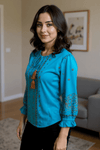 Teal Blue Embroidered Tassel Tie - Up Top - Rajni Collection