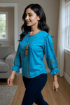 Teal Blue Embroidered Tassel Tie - Up Top - Rajni Collection