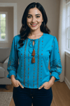 Teal Blue Embroidered Tassel Tie - Up Top - Rajni Collection