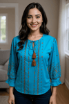 Teal Blue Embroidered Tassel Tie - Up Top - Rajni Collection