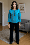 Teal Blue Embroidered Tassel Tie - Up Top - Rajni Collection