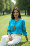 Teal Blue Embroidered Tassel Tie - Up Top - Rajni Collection