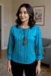 Teal Blue Embroidered Tassel Tie - Up Top - Rajni Collection