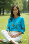 Teal Blue Embroidered Tassel Tie - Up Top - Rajni Collection